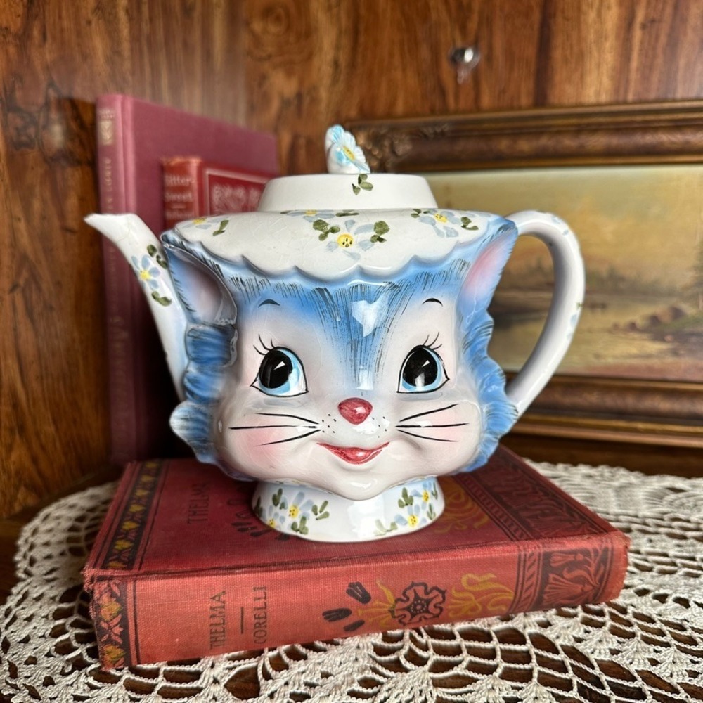 Vintage Lefton Miss Priss Blue Kitty Cat Teapot | Display Decorative Pot 6"